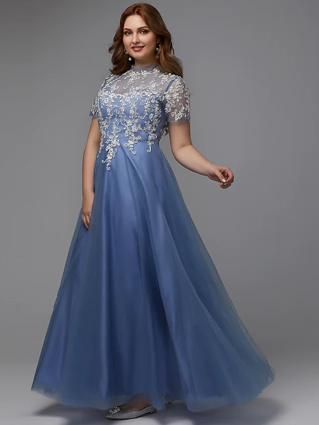Back view of a plus size lace-up A-line gown with appliques.