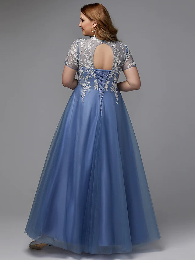 Side view of an elegant floor-length lace dress for wedding guests.