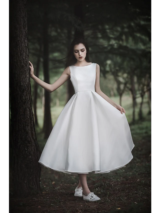 A-Line Wedding Dresses Jewel Neck Tea Length Chiffon Over Satin Cap Sleeve Simple Casual Little White Dress
