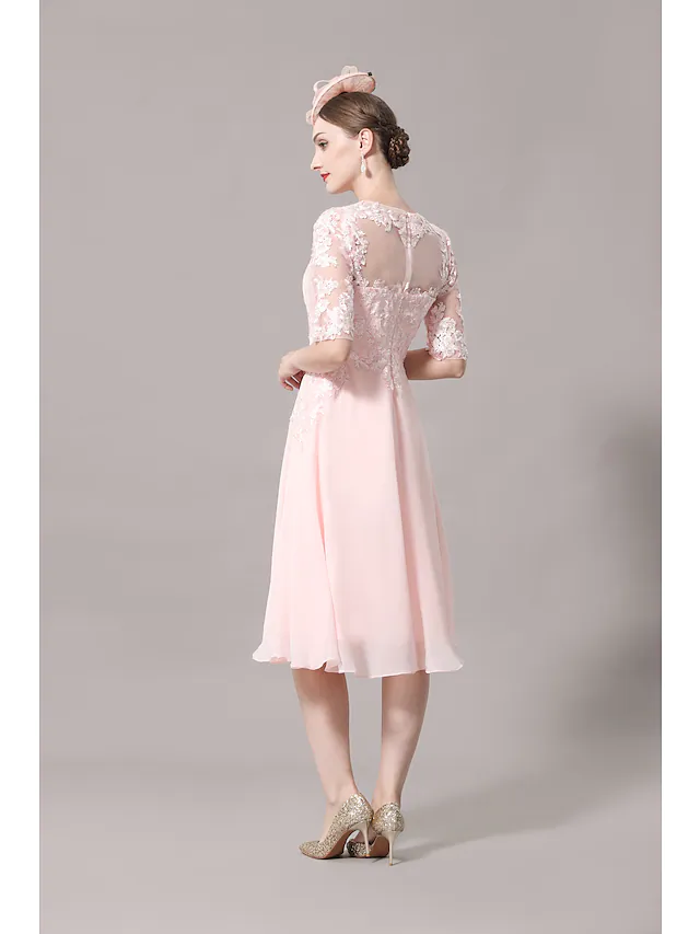 A-Line Mother of the Bride Dress Elegant Illusion Neck Knee Length Lace Satin Half Sleeve with Pleats Appliques