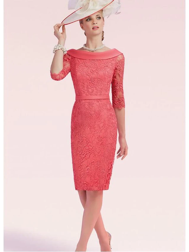 Kleid für die Brautmutter, Übergröße, U-Boot-Ausschnitt, knielang, Spitze, Satin, halbe Ärmel, mit Schärpe, Schleife(n), Schlitz vorne