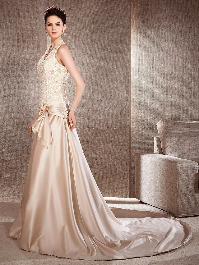 Princess A-Line Wedding Dresses V Neck Chapel Train Lace Satin Sleeveless Wedding Dress in Color with Lace Ruched Flower