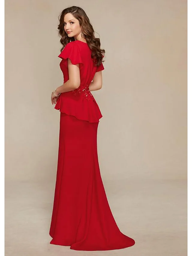 Kleid für die Mutter der Braut, elegant und luxuriös, tiefer Ausschnitt, kurze Ärmel aus Jersey mit Perlenstickerei und Rüschen