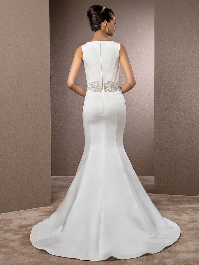 Wedding Dresses Bateau Neck Cathedral Train Satin Regular Straps Vintage Inspired with Beading