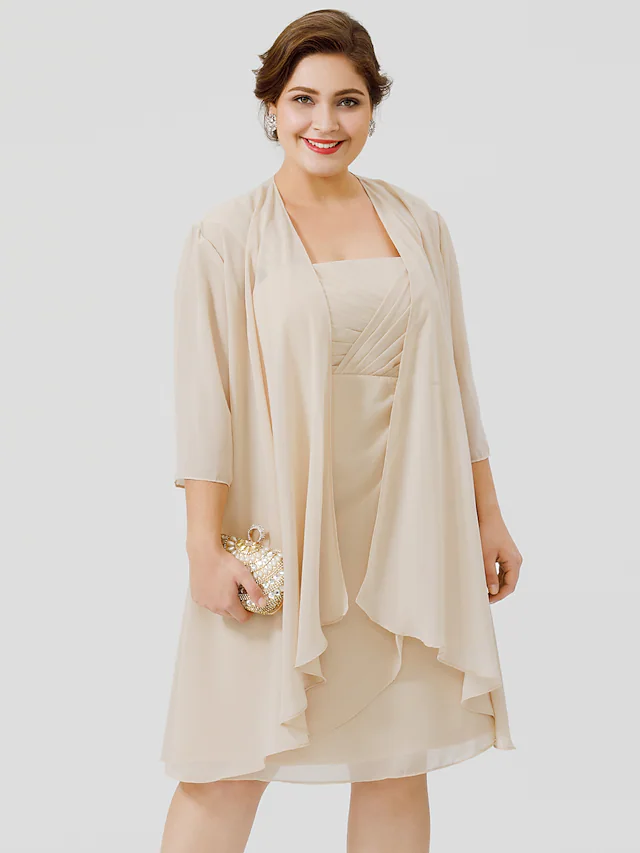 Kleid für die Brautmutter, Übergröße, elegante Träger, knielang, Chiffon, transparente Spitze, ärmellos, überkreuzt