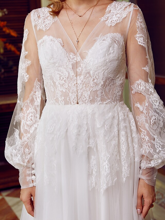 A-Linie Brautkleider V-Ausschnitt Spitze Tüll Langarm Durchsichtig mit Applikationen