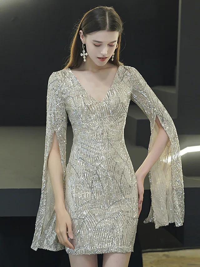 Sparkle Elegant Homecoming Cocktail Party Dress V Neck Long Sleeve Short  Mini Sequined with Sequin Split