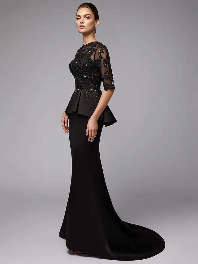 Mother of the Bride Dress Sexy See Through Jewel Neck  Lace Satin Half Sleeve with Beading Appliques