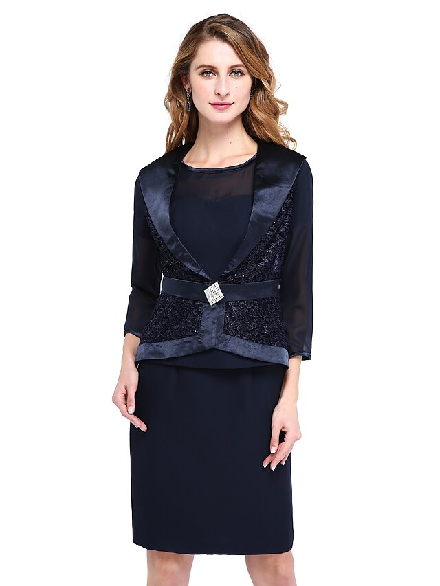 Mother of the Bride Dress Two Piece Wrap Included Jewel Neck Knee Length Chiffon Lace  Length Sleeve withCrystal Brooch Sash  Ribbon