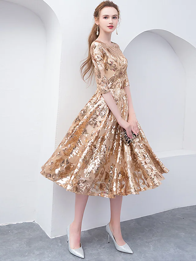 A-Line Elegant Sparkle & Shine Holiday Cocktail Party Dress Jewel Neck Half Sleeve Tea Length Sequined with