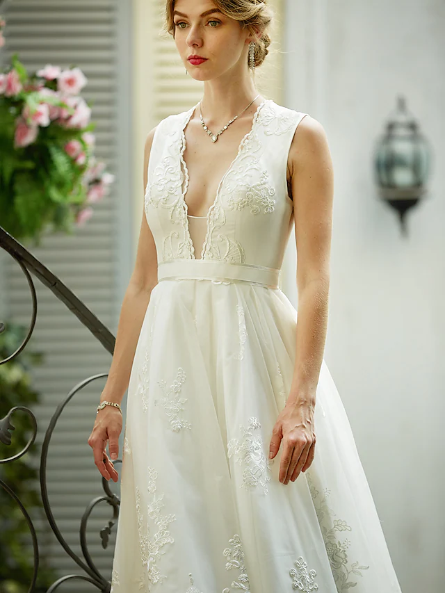 A-Line Wedding Dresses Plunging Neck  Lace Over Tulle Sleeveless See-Through Beautiful Back Illusion Detail with Sash  Ribbon Appliques