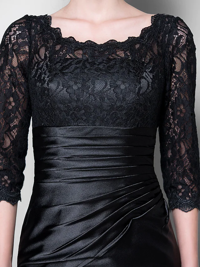 Mother of the Bride Dress See Through Jewel Neck Floor Length Stretch Satin Lace Over Satin  Length Sleeve with Lace Ruched Side Draping