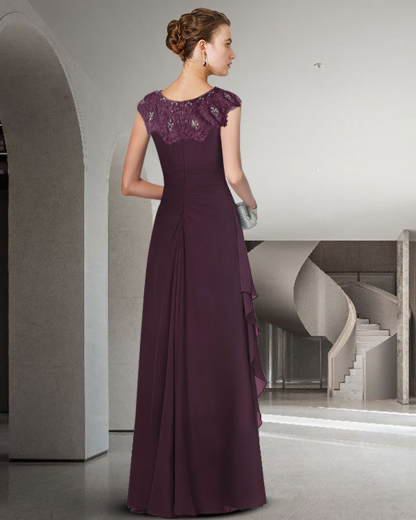 Kleid für die Brautmutter, elegant, mit Rundhalsausschnitt, bodenlang, Chiffon, Spitze, ärmellos, mit Rüschen