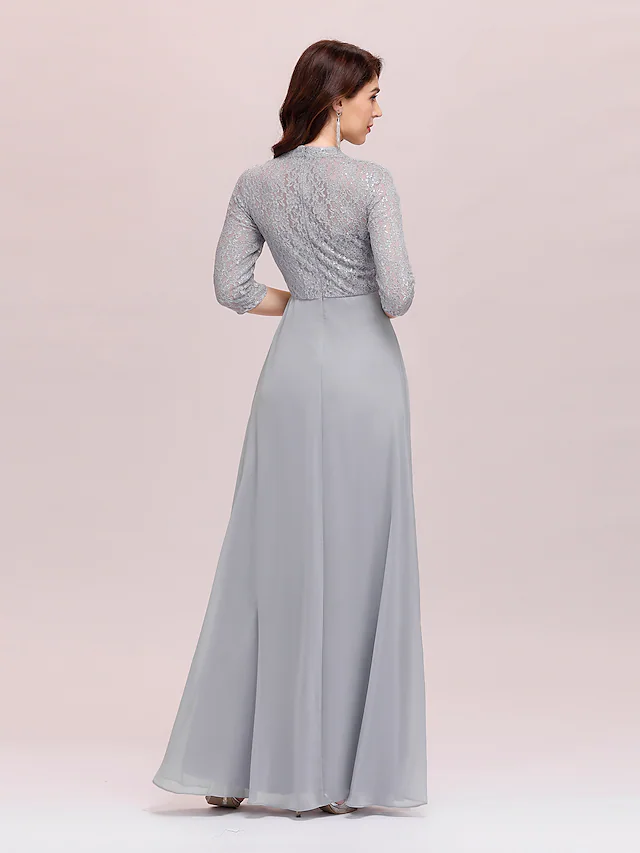 A-Linie Kleid für die Brautmutter, Übergröße, elegant, Rundhalsausschnitt, bodenlang, Chiffon, Spitzenlänge, Ärmel mit Spitze