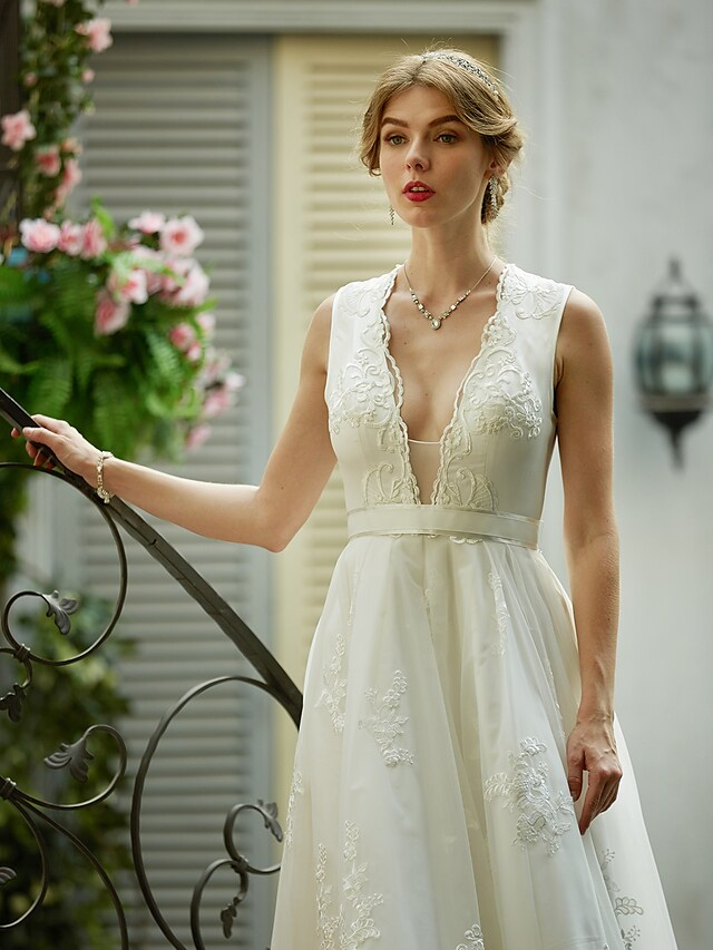 A-Line Wedding Dresses Plunging Neck  Lace Over Tulle Sleeveless See-Through Beautiful Back Illusion Detail with Sash  Ribbon Appliques
