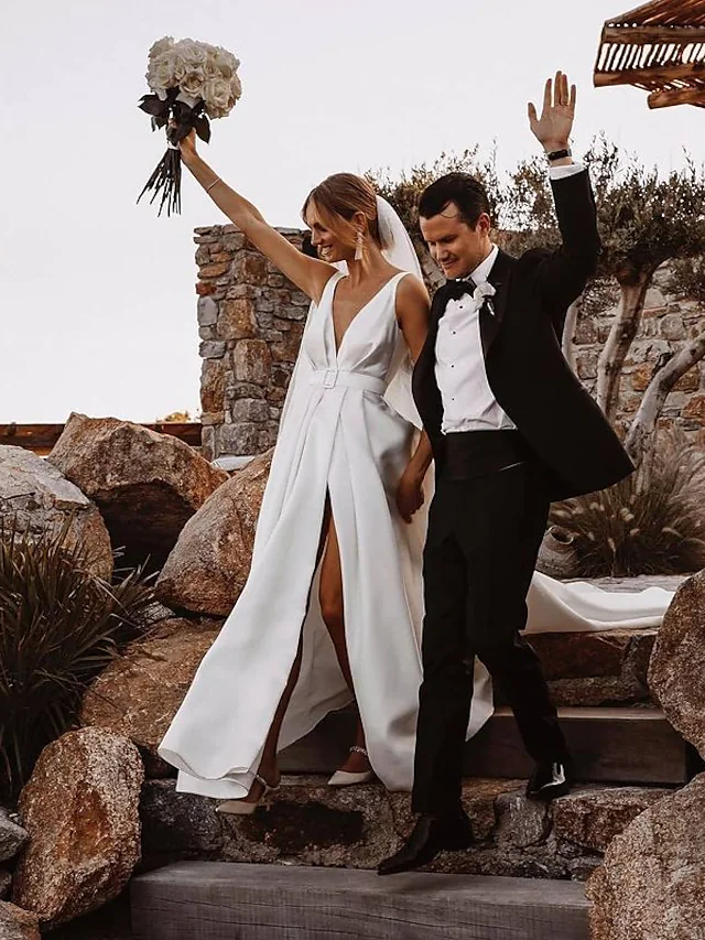 A-Line Wedding Dresses V Neck Court Train Satin Sleeveless Simple Sexy with Sashes  Ribbons Split Front