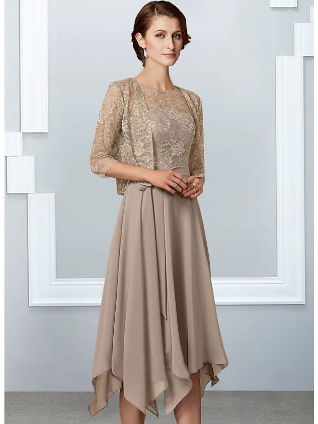 A-Linien-Kleid für die Brautmutter, elegant, Rundhalsausschnitt, knielang, Chiffon, Spitze, halbe Ärmel mit Falten