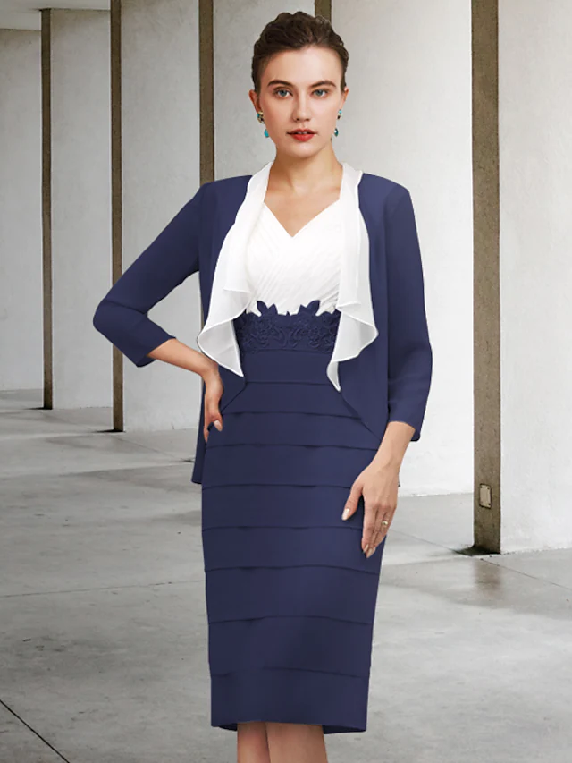 Kleid für die Brautmutter, elegant, V-Ausschnitt, knielang, Chiffon, lange Ärmel mit Applikationen