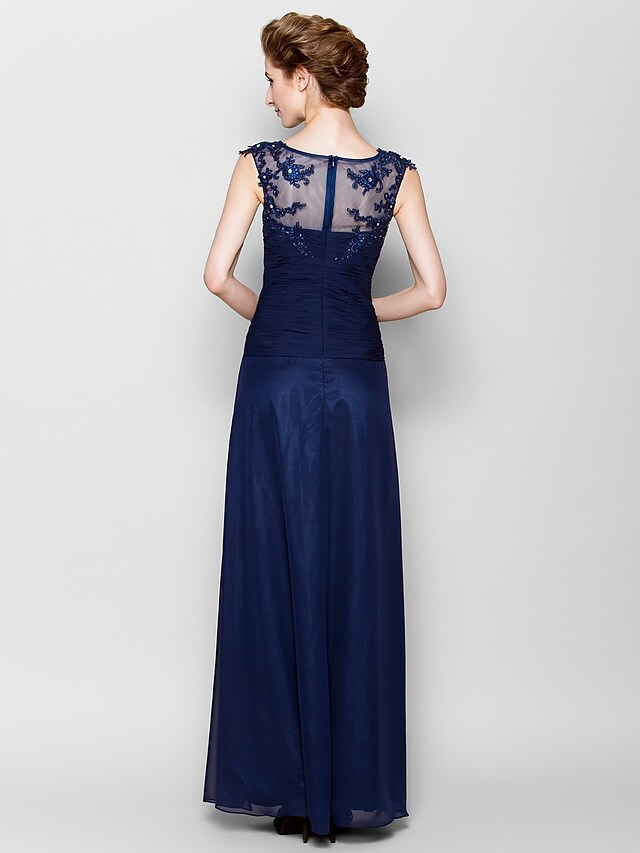 Kleid für die Brautmutter, durchsichtig, U-Ausschnitt, bodenlang, Chiffon, ärmellos, mit überkreuzten Applikationen