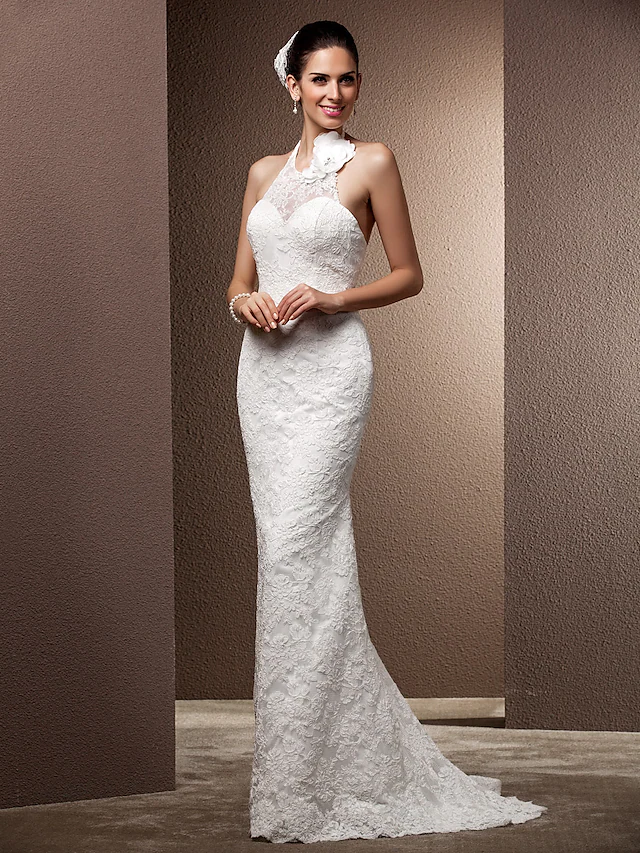 Wedding Dresses Halter Neck  Lace Regular Straps Open Back with Beading Flower Button