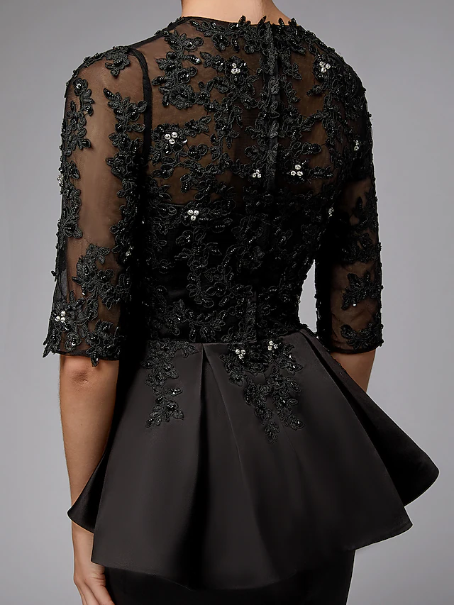 Mother of the Bride Dress Sexy See Through Jewel Neck  Lace Satin Half Sleeve with Beading Appliques