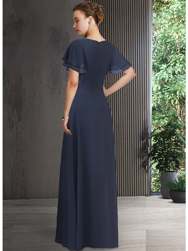Kleid für die Brautmutter, elegant, V-Ausschnitt, bodenlang, Chiffon, kurze Ärmel, mit Applikationen und Rüschen