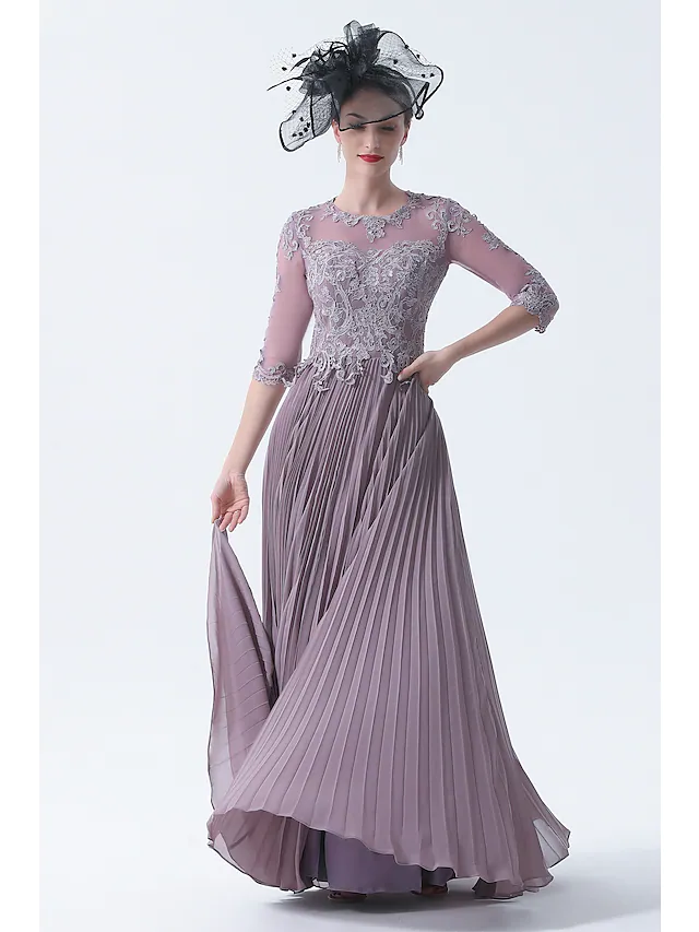 A-Line Mother of the Bride Dress Plus Size Elegant See Through Bateau Neck   Chiffon Lace Half Sleeve with Sash Ribbon Appliques