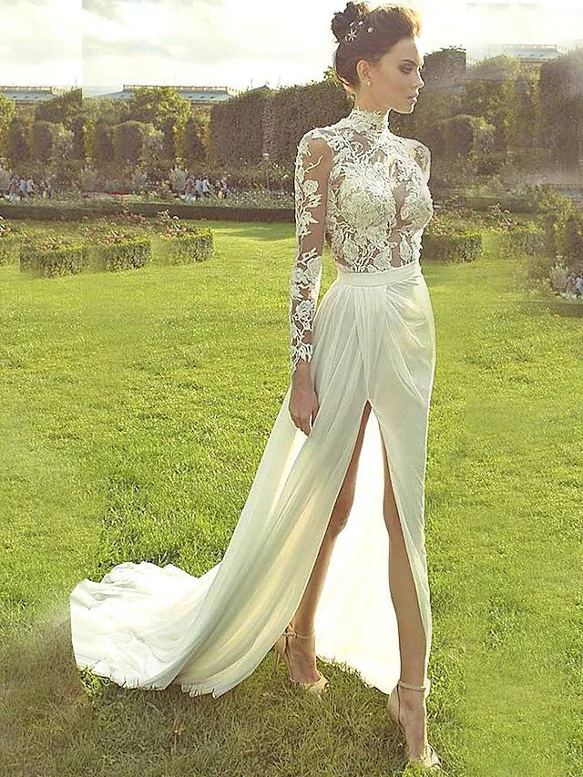 Elegant A-line wedding dress with high neck and long illusion lace sleeves.