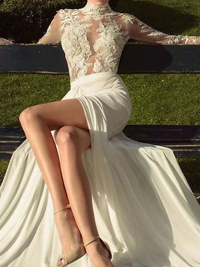 Side view of A-line wedding dress, highlighting court train and lace details.