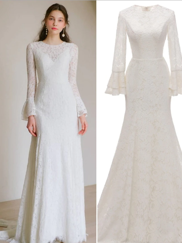 Detail of the jewel neckline and intricate lace pattern on the long sleeve.