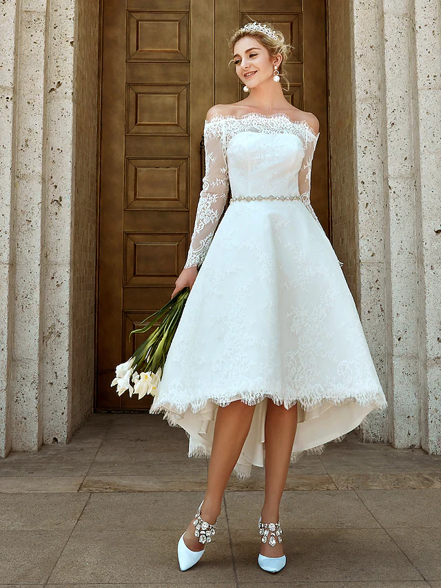 Full length view of the elegant A-line wedding dress.