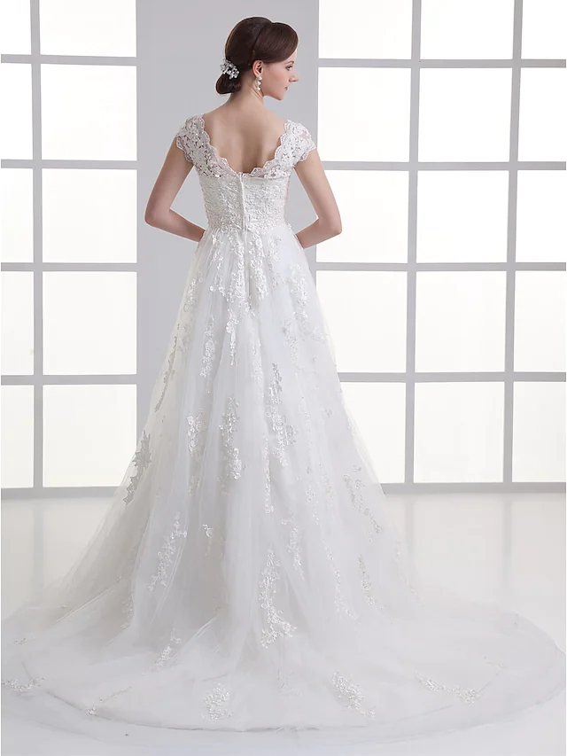Back view of the A-line wedding dress showcasing the court train.