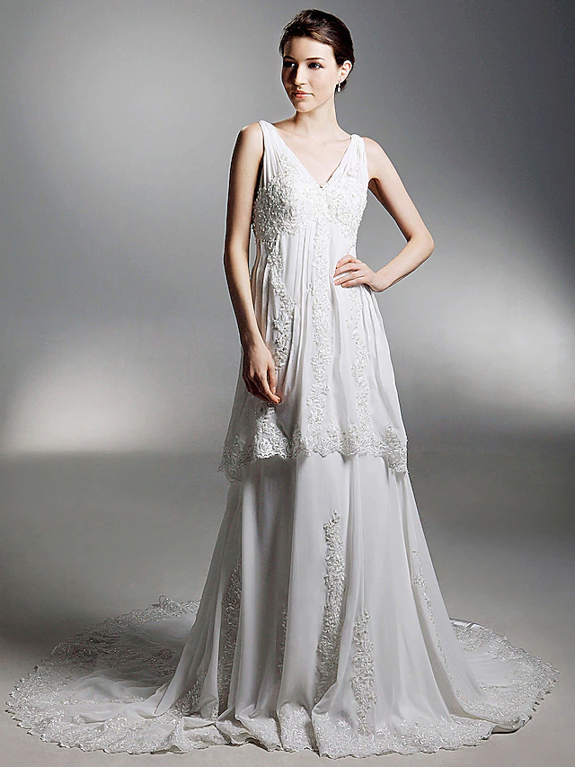 A-Line V-neck chiffon wedding dress with chapel train.
