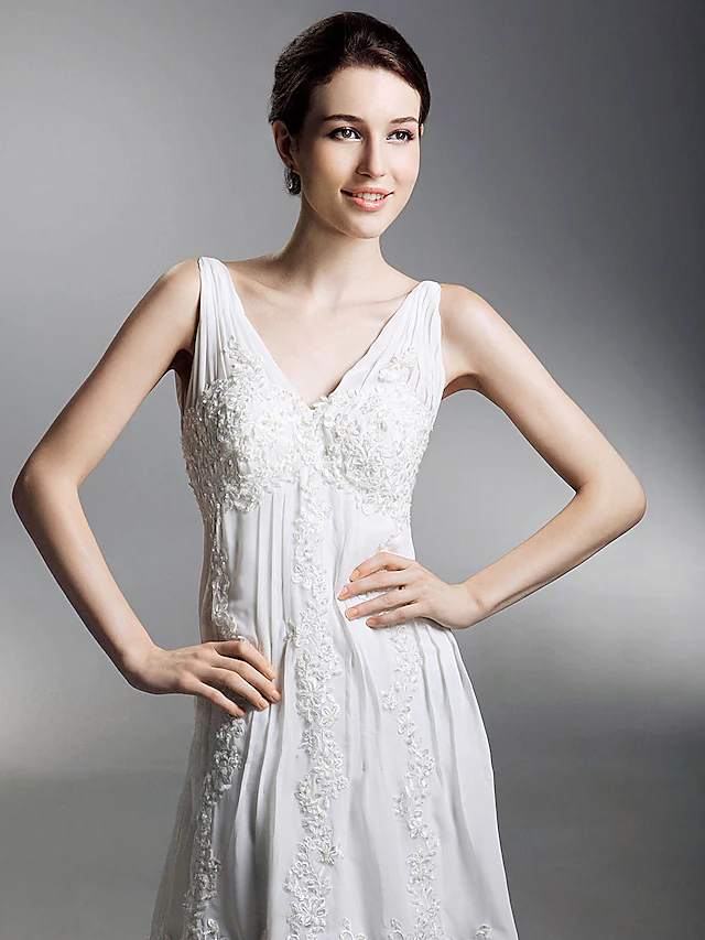 Side view of elegant V-neck A-Line wedding gown.