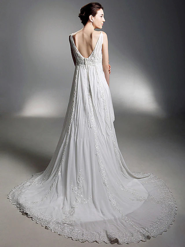 Full length view of a romantic A-Line chiffon bridal gown.