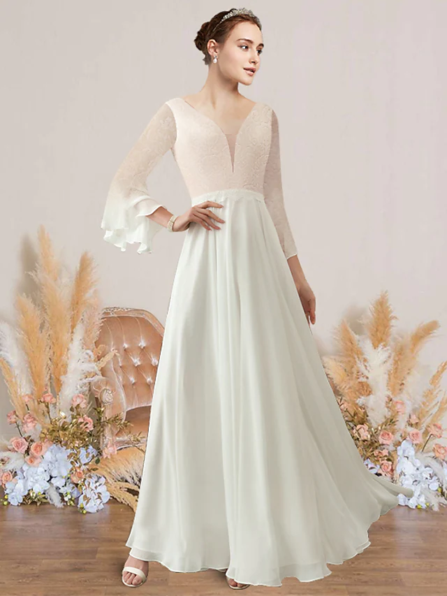 Elegant A-line wedding dress with V-neck, long lace sleeves, and delicate appliques.