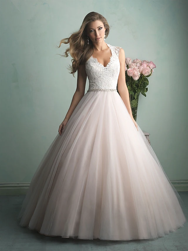 Full view of a romantic A-Line V-Neck Tulle Wedding Dress with delicate beading and lace details.