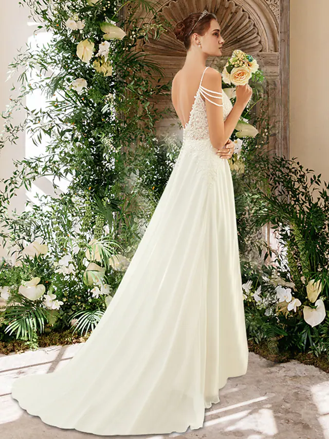 A-Line wedding dress featuring chiffon lace and a split front.