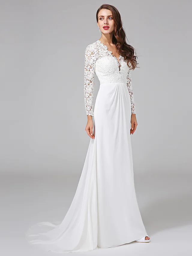 Side view of the elegant V-neck bridal dress.