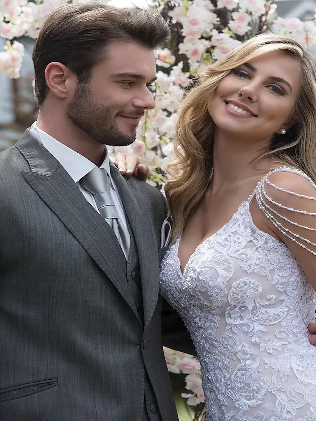 Close-up of the V-neck bodice with delicate lace and spaghetti straps.