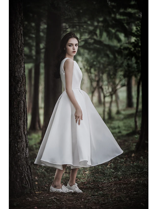 A-Line Wedding Dresses Jewel Neck Tea Length Chiffon Over Satin Cap Sleeve Simple Casual Little White Dress