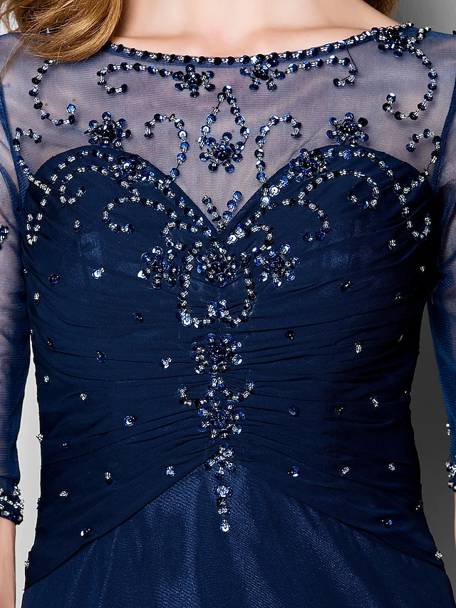 A-Line Mother of the Bride Dress See Through Jewel Neck  Chiffon Tulle Half Sleeve with Ruched Crystals Beading