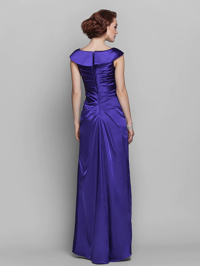 Elegantes Kleid für die Brautmutter, schulterfrei, bodenlang, Stretch-Satin, ärmellos, mit Perlenbesatz an der Seite