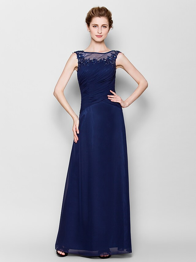 Mother of the Bride dress with scoop neck and criss-cross appliques.