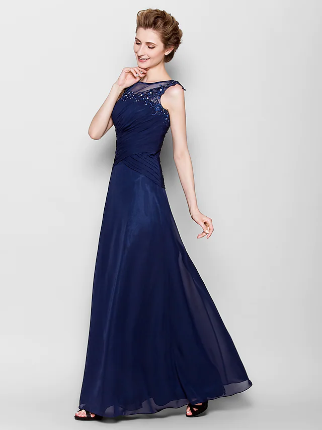 Side view of elegant sleeveless Mother of the Bride dress.