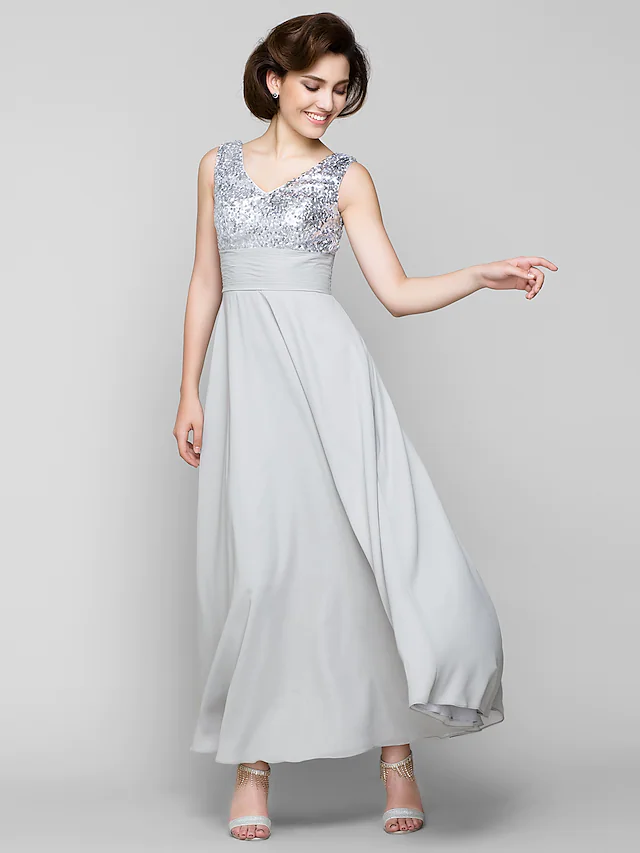 A-Line Mother of the Bride dress with bateau neck and sequin details.