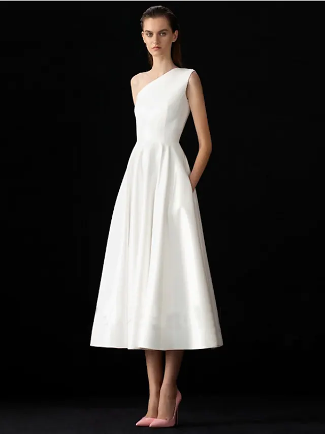 White A-Line one-shoulder tea length wedding dress with pleats.
