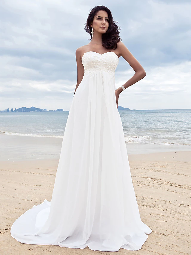 A-Line sweetheart strapless chiffon wedding dress with beading appliques.