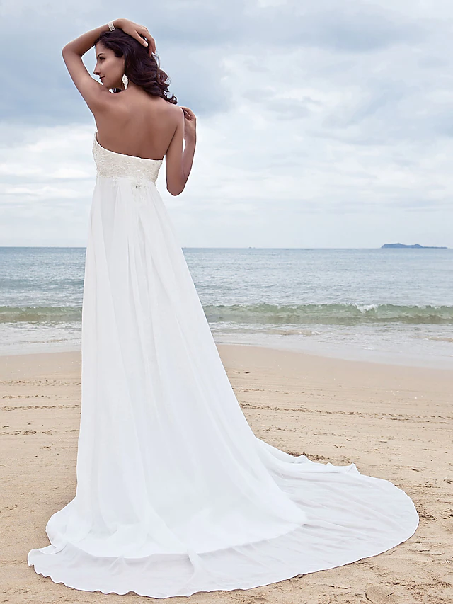Full view of A-Line sweetheart strapless chiffon wedding dress.