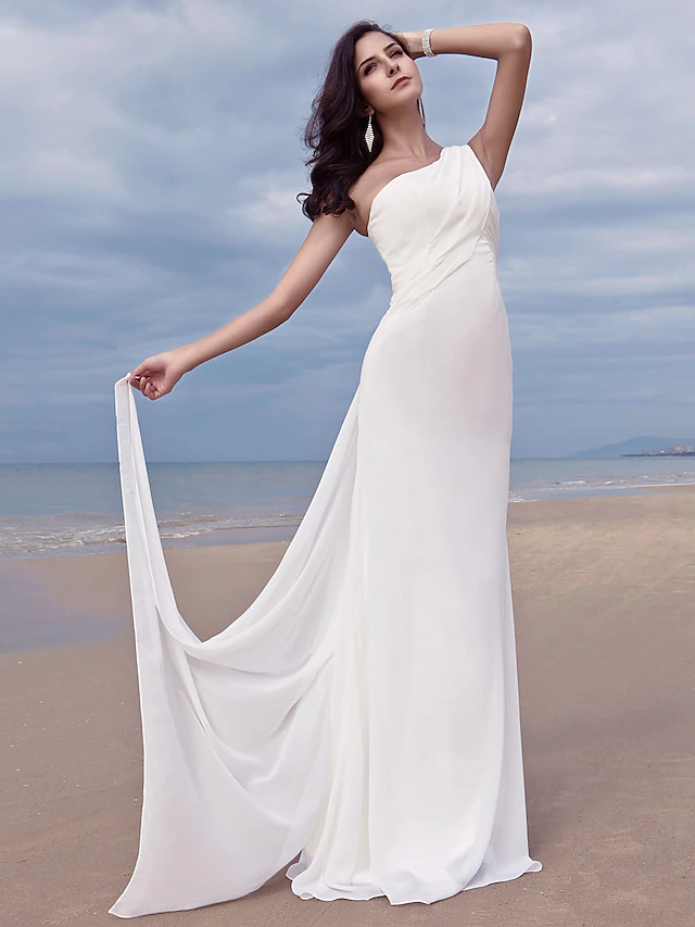 Elegant plus size one shoulder chiffon wedding dress with side draping.